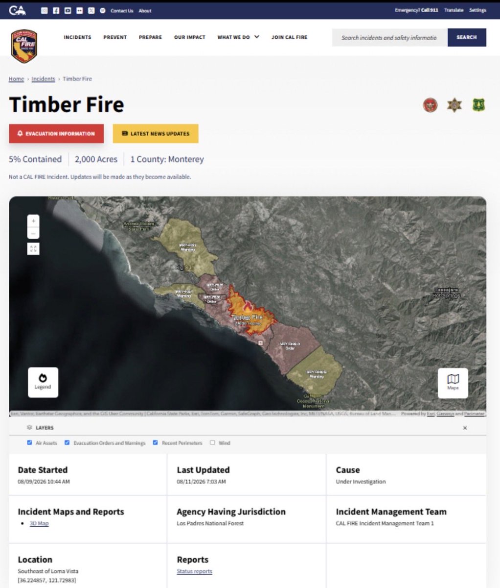CALFIRECZU's tweet photo. Smoke:
There is a significant fire producing smoke relatively close to the southern Santa Cruz Mountains today.

The source is the Timber Fire in the Big Sur/Monterey County area. 

Why are you smelling it all the way in the Santa Cruz Mountains?
The important piece is today's atmospheric pattern. 
Smoke doesn't necessarily travel in a straight line at ground level. 
💨A combination of:
-Onshore/marine flow along the coast.
-Mountain-valley channeling Smoke being carried aloft and then mixing back down 
-Relatively weak atmospheric mixing in some periods can bring smoke from the Monterey/Big Sur fires northward and into the Santa Cruz Mountains.

Wildfire smoke can travel hundreds of miles, and terrain and the height at which the smoke is carried strongly affect where it eventually reaches the ground. 

There's another reason it can be particularly noticeable in the mountains: smoke can settle into valleys and hollows, especially when the atmosphere isn't mixing vigorously. So you can have a strong wood-smoke smell even when the visible haze isn't dramatic.

  🚒 If you think there is a fire near you, look for corroborating signs. 
🔥A visible smoke column, ash/embers, rapidly worsening visibility, or an official fire notification should be treated more seriously than an isolated smell of smoke.

When in doubt, call 911

When wildfire threatens, accurate information matters. 
 
The CAL FIRE Incident page provides a statewide view of active emergencies, including incident locations, acreage, containment, evacuation information, maps and official updates from responding agencies. During the January 2025 Los Angeles fires, more than 25 million people visited https://t.co/EABedpY7sN for trusted, near real-time information from first responders.