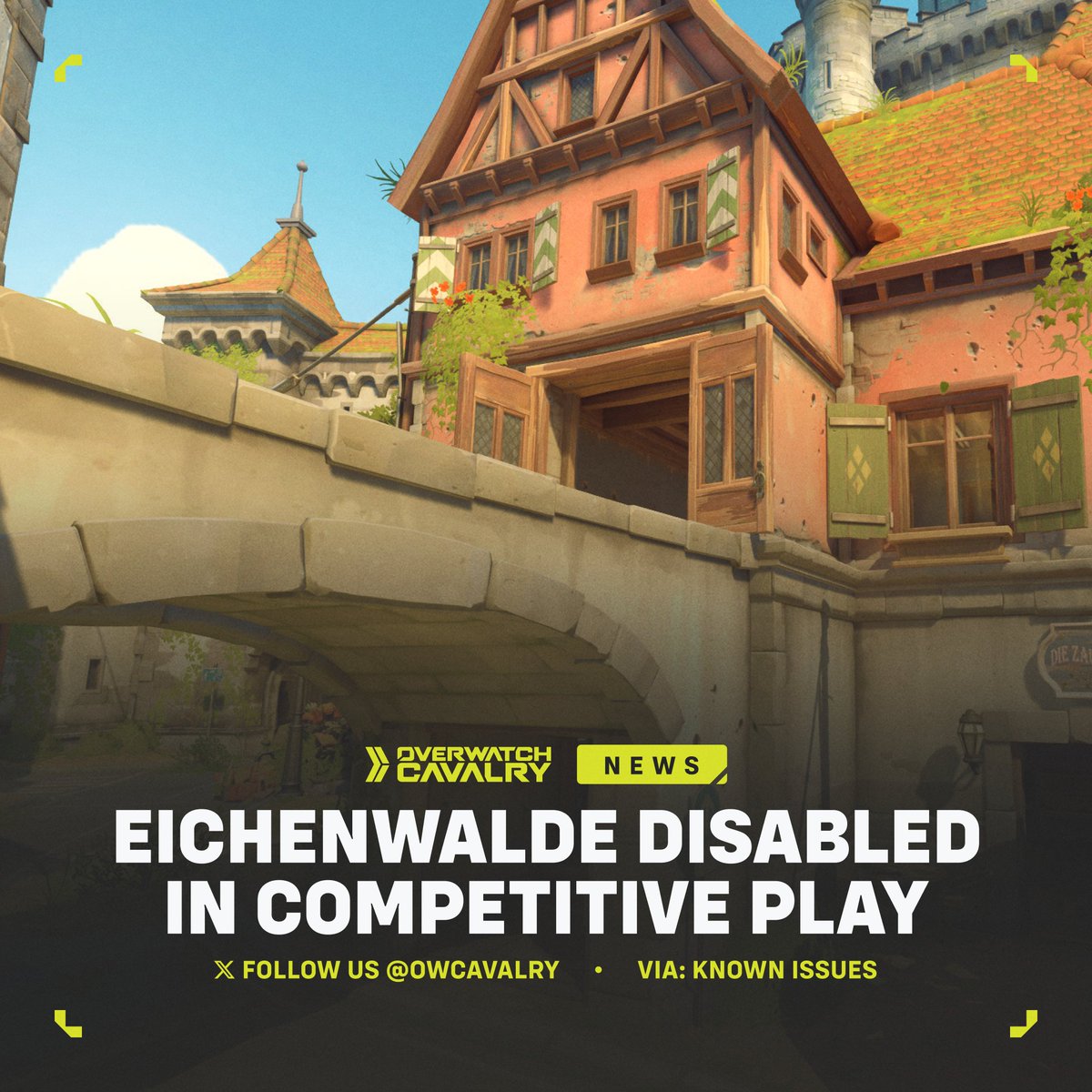 OWCavalry's tweet photo. Eichewnalde Disabled in #Overwatch 🇩🇪

The newly reworked map has been removed from Competitive Play due to a bug.

There's currently no ETA for a fix. https://t.co/EIgvlW53EB