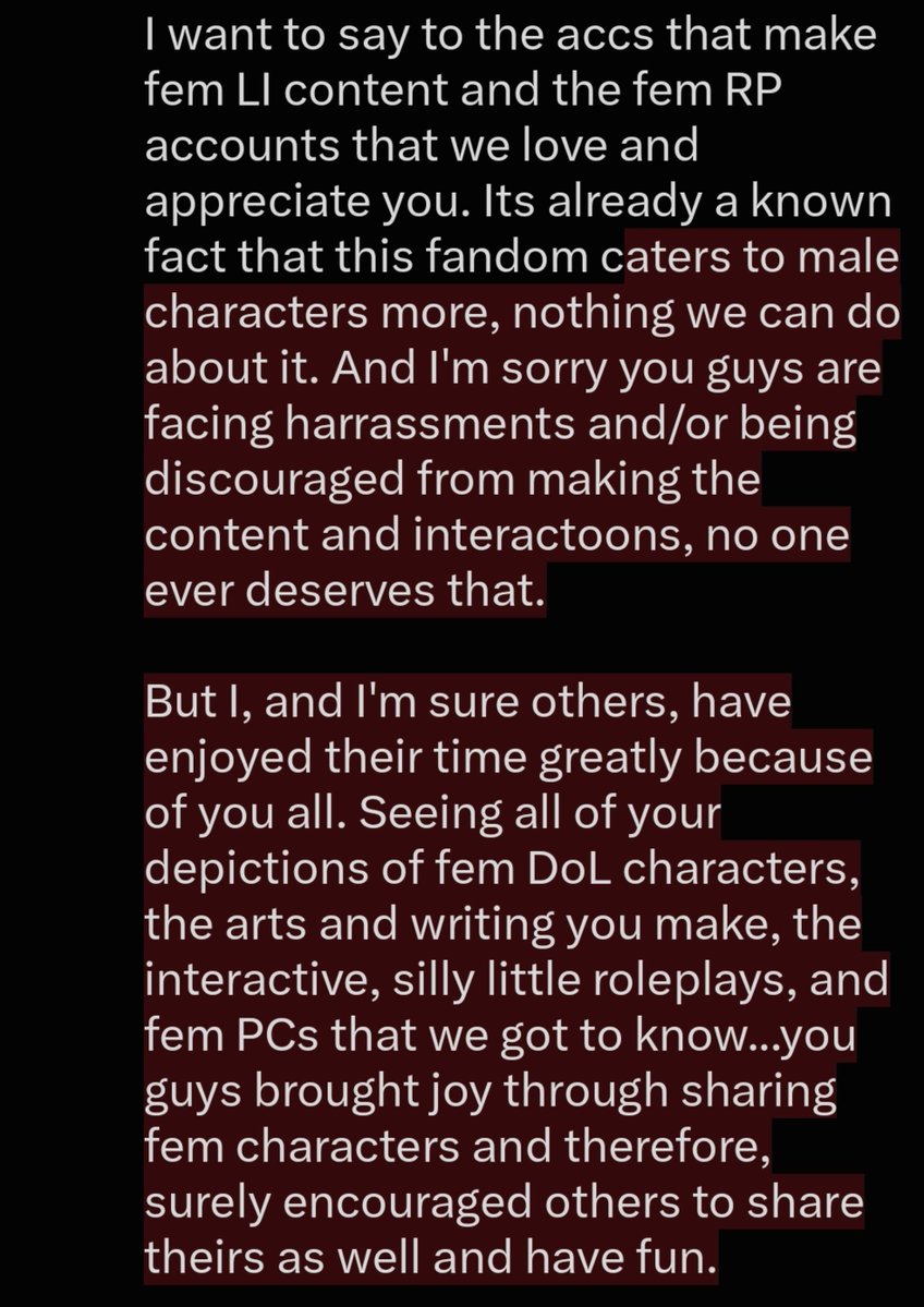 dailyovulation's tweet photo. Okay I crashed out a bit (I'm not sorry, I do NOT feel sorry for people dismissing misogyny and participating in it. Fuck off.)

But I want to make a message of appreciation to fem DoL characters accounts (including RP accounts). We appreciate you, let's stand strong together! https://t.co/68okU3CS4P