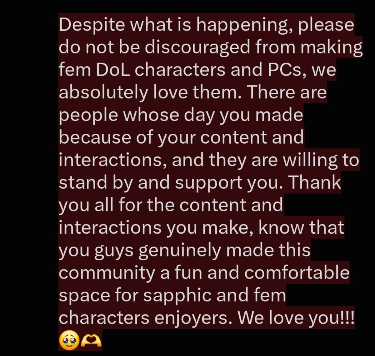 dailyovulation's tweet photo. Okay I crashed out a bit (I'm not sorry, I do NOT feel sorry for people dismissing misogyny and participating in it. Fuck off.)

But I want to make a message of appreciation to fem DoL characters accounts (including RP accounts). We appreciate you, let's stand strong together! https://t.co/68okU3CS4P