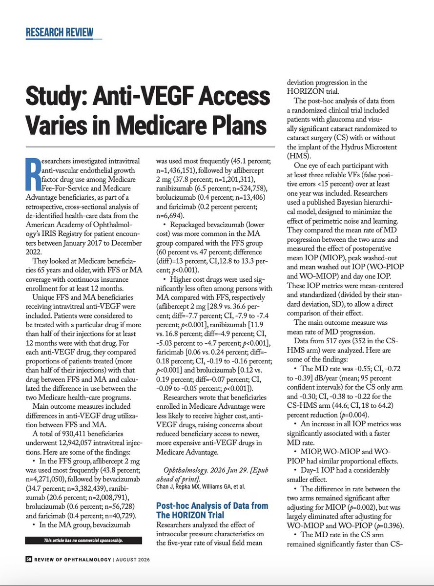 RevOphth's tweet photo. Study: Anti-VEGF Access Varies in Medicare Plans

Beneficiaries enrolled in Medicare Advantage were less likely to receive higher-cost anti-VEGF drugs. Learn more:
https://t.co/crKm8cgG26

#ophthalmology #ophthalmologist #eyecare #retina #medicare https://t.co/JuJXWAshmF