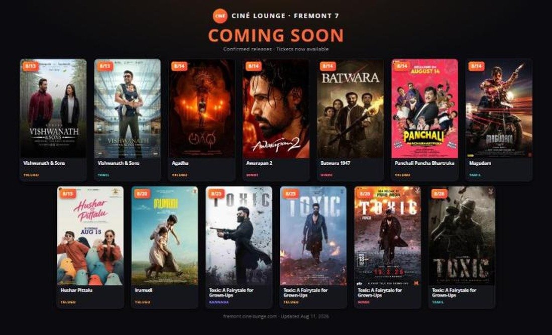 CineLoungeusa's tweet photo. 🎬 COMING SOON to Ciné Lounge Fremont 7!
AUGUST new releases Aug 13–26 across Telugu, Tamil, Hindi & Kannada — including #Agadha , #Vishwanath&Sons, #Awarapan2 , #Batwara1947 , #Magudam & #Toxic

🎟️ Tickets on sale now 👉 https://t.co/aL0nPaB4zX

#FremontCA #Tollywood #Kollywood #Bollywood