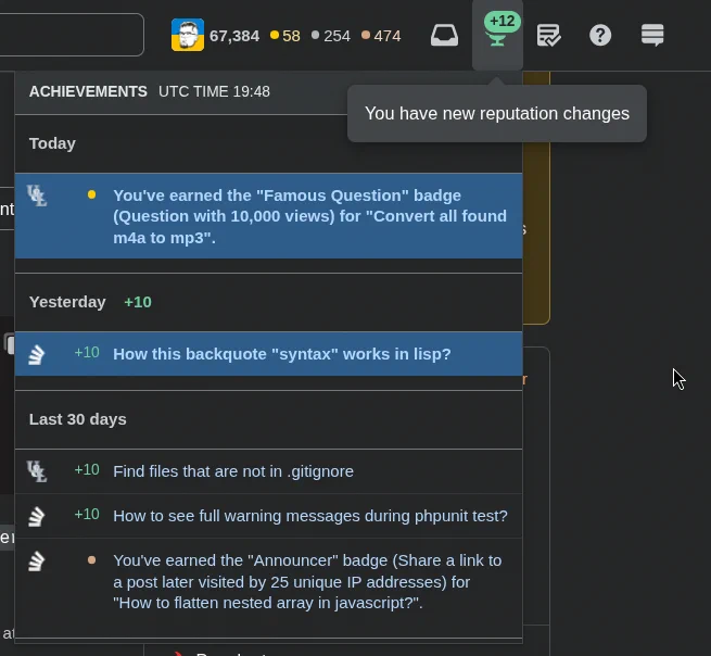 StackOverflow interface with the Golden badge for Famous Question (10,000 views) for "convert all found m3a to mp3"