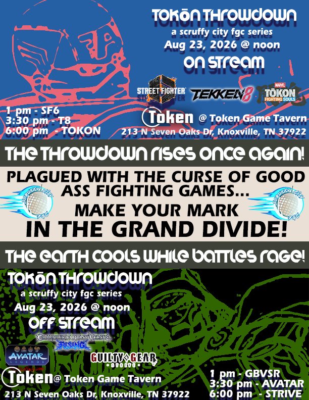 ScruffyCityFgc's tweet photo. Yall ready for Tokōn Throwdown!?
Catch us at Token Game Tavern on August 23rd to run (almost) ALL of the games out right now (there's so many 👀)
Check out the info below for game times, where to pre-reg, and anything else you might need!👇 https://t.co/pDjTcHvjyz