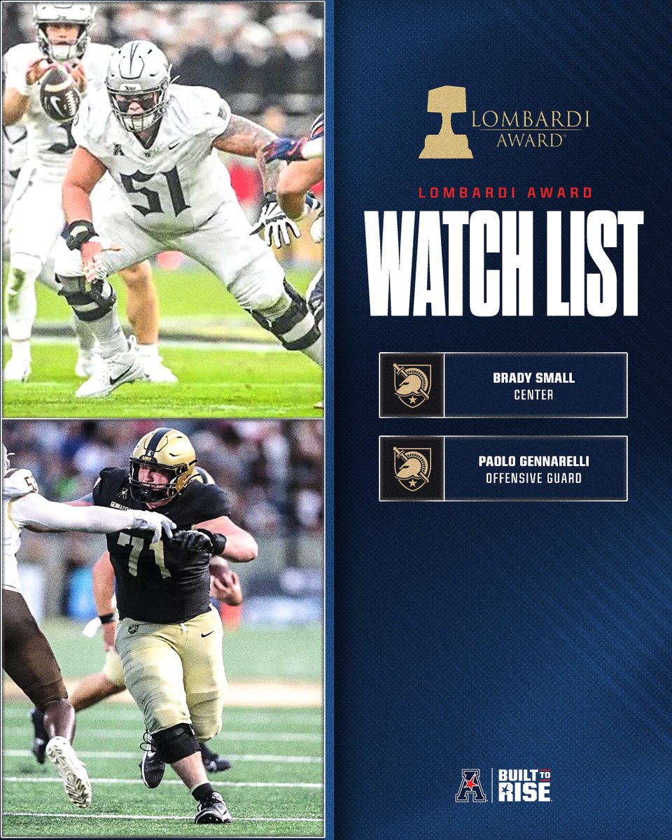 American_Conf's tweet photo. Congratulations to the 2 @ArmyWP_Football players on the Lombardi Award Watch List 🏆 🏈 

#BuiltToRise x #AmericanFB https://t.co/cLjmXMQLnv