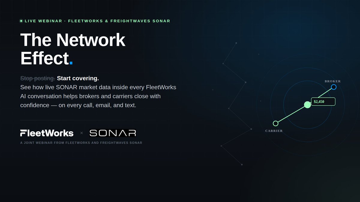 SONAR_FW's tweet photo. Be sure to register for our upcoming webinar with @fleetworksai, The Network Effect: Stop Posting , Start Covering.
https://t.co/Uj2AwdDaLI https://t.co/8AACObvnL7