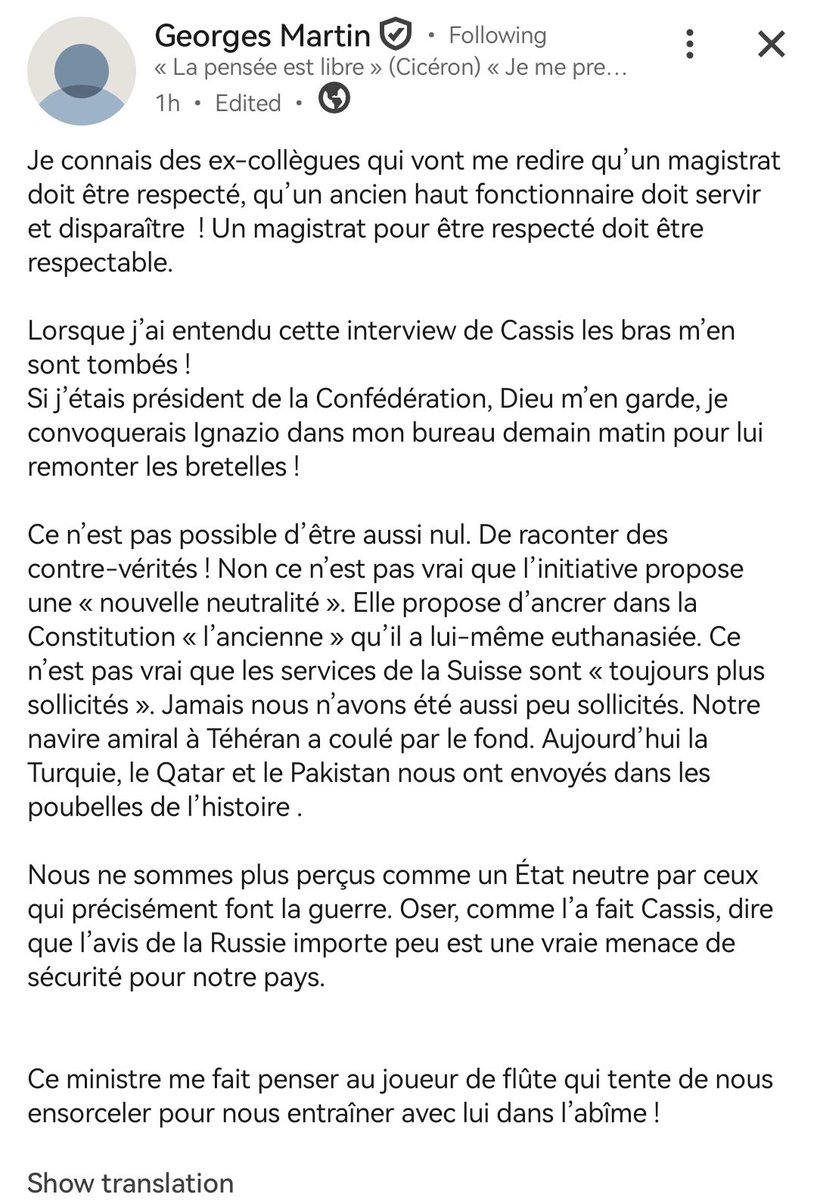 barbouillech's tweet photo. L'avis de Georges Martin, ex diplomate de haut-vol au @EDA_DFAE, sur la prise se position du cf @ignaziocassis au sujet de l'initiative sur la neutralité.

Source: https://t.co/CO2LvQT1pe https://t.co/a3LOpzzCIz