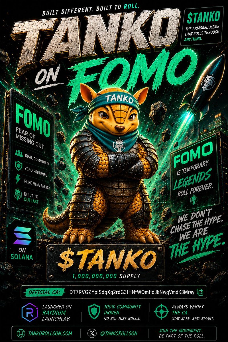 bruca's tweet photo. Hey boys. Been keeping an eye on this one, could be an interesting one to watch. 

Tanko is an original armored armadillo built to roll through anything - fun first, community first, and built around a recognizable original character.

Token: Tanko
Ticker: $TANKO
Network: Solana
Supply: 1,000,000,000 TANKO

Official CA:
DT7RVGZYpiSdqXg2rdG3fHNfWQmfidJkNwgVmdK3Mray

Website:
https://t.co/FlYdTYmRGv

X:
https://t.co/j98B346aUk

Raydium:
https://t.co/M2ajJidON9

DEX Screener:
https://t.co/ZSjTarqmKF

GeckoTerminal:
https://t.co/FQZPZlU8nN

Solscan:
https://t.co/vY73PcT7IS

Time to load up boys 🚀