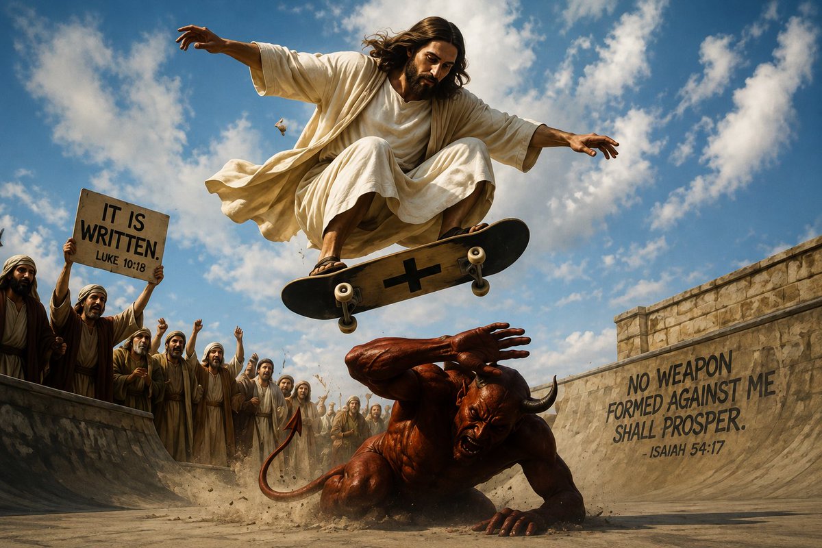 ogbradleyj's tweet photo. Yo Chat, make a sick ass picture of Jesus jumping over Satan on a skateboard #LANK #fuckwater https://t.co/zocwrgvYnD