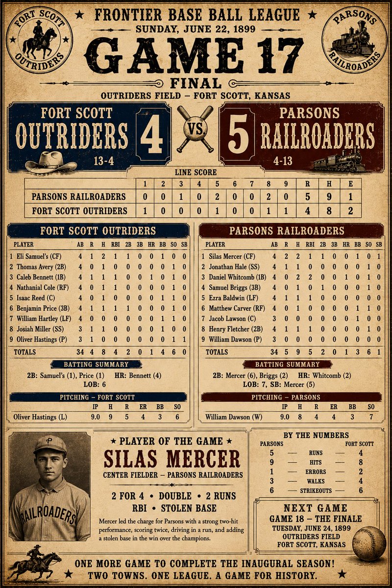 FrontierBBL's tweet photo. GAME 17 FINAL

🚂 Parsons Railroaders 5 — Fort Scott Outriders 4 🤠

Parsons wins a thriller and moves to 4–13, while the champions fall to 13–4.

⭐ Player of the Game: Silas Mercer
2-for-4 • Double • 2 Runs • RBI • Stolen Base

📊 Game Stats

Parsons: 9 H, 5 R, 1 E
Fort Scott: 8 H, 4 R, 2 E
Winning pitcher: William Dawson
Losing pitcher: Oliver Hastings
Parsons takes two in a row !! one game left in the 1899  season . 

🔥 ONE GAME REMAINS!

#FrontierBaseBall #Game17 #Railroaders #Outriders #1899BaseBall