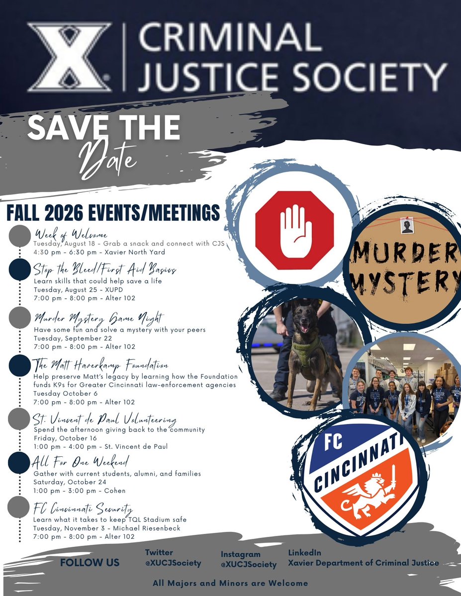 XUCJSociety's tweet photo. The Xavier Department of Criminal Justice &amp; Criminal Justice Society are ready for Fall 2026!  Join us for a semester of learning, service, networking and fun. All majors and minors are welcome to our events! 

View our upcoming events below👇 

#XUCJSociety #Fall2026 #AllForOne https://t.co/LMzFNxX2nu