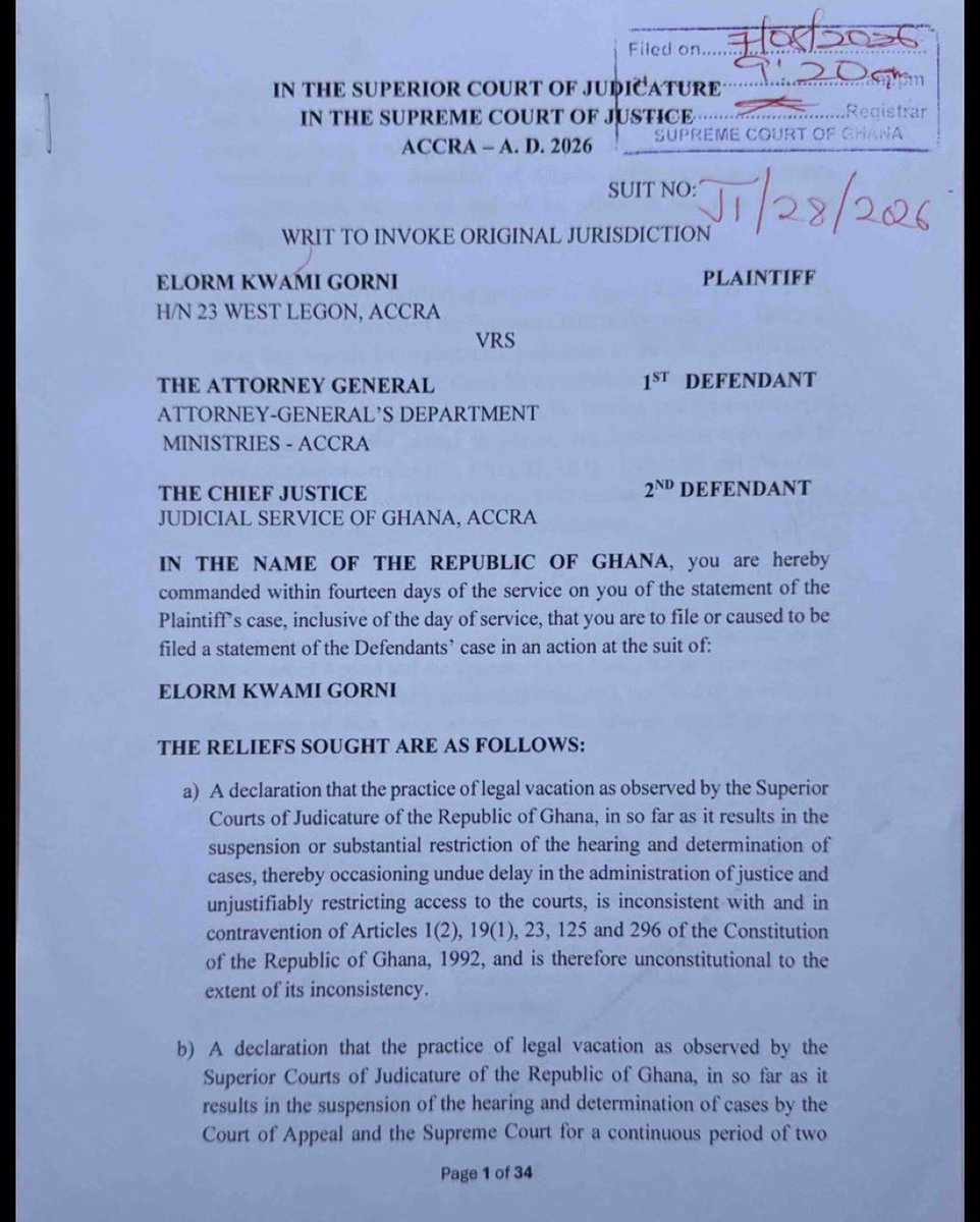 seth_doe22's tweet photo. The Plaintiff, Mr Elorm Gorni has sued in the Supreme Court of Ghana seeking a declaration that the practice of legal vacation in so far as it results in restrictions relating to access to court and dispensation of justice is inconsistent with the constitution. https://t.co/zKbNUvlh1d