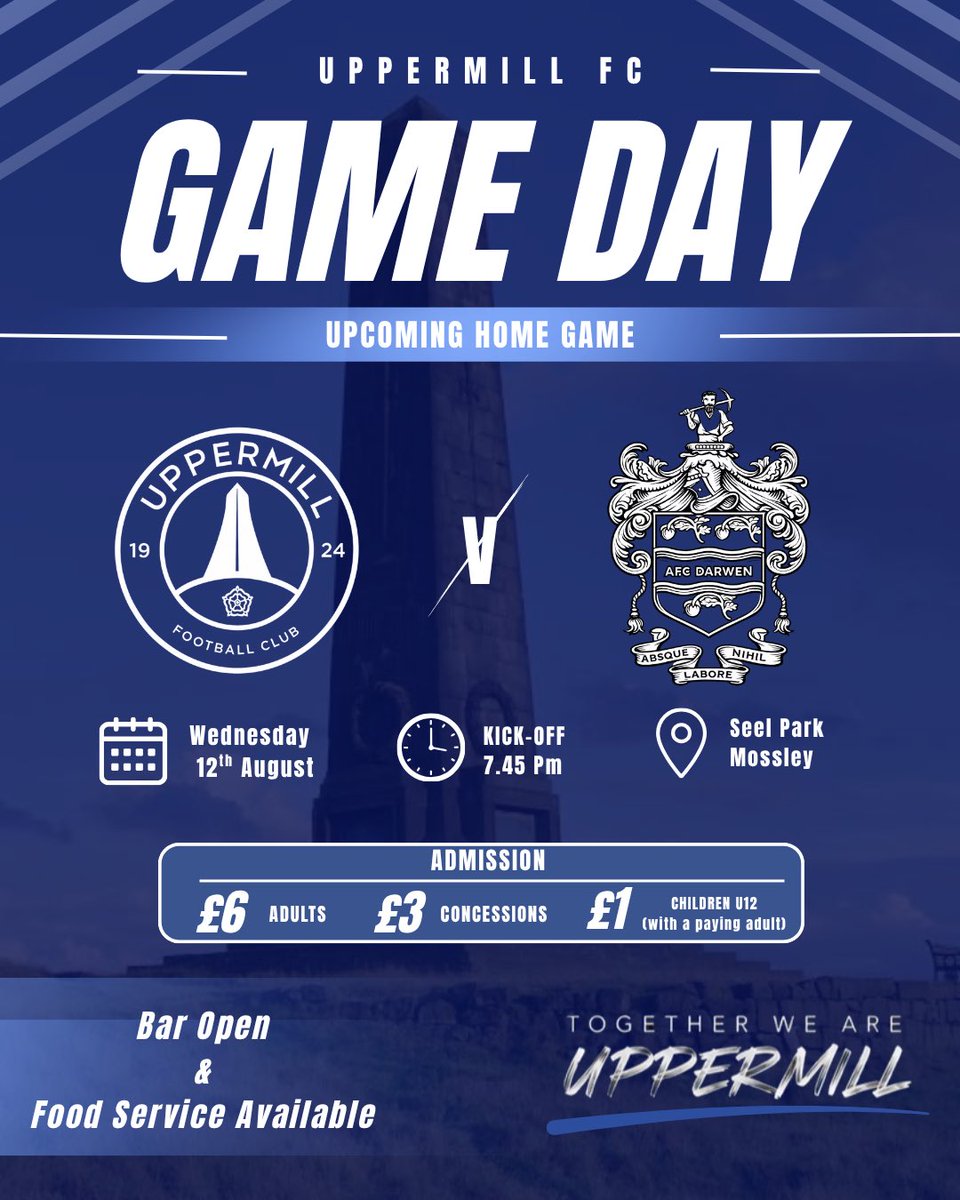 UppermillFC2026's tweet photo. GAME DAY! 🔵⚪️

We’re back at Seel Park tomorrow night as we take on AFC Darwen! 💪⚽️

🗓️ Wednesday 12th August
⏰ 7:45pm KO
📍 Seel Park, Mossley
🎟️ Adults £6 | Concessions £3 | U12s £1

🍔 Bar open &amp; food service available!

Come on, Uppermill! 💙⚽️
#UpTheMill #AFCDarwin #NWCFL https://t.co/6lXoeN1qGQ