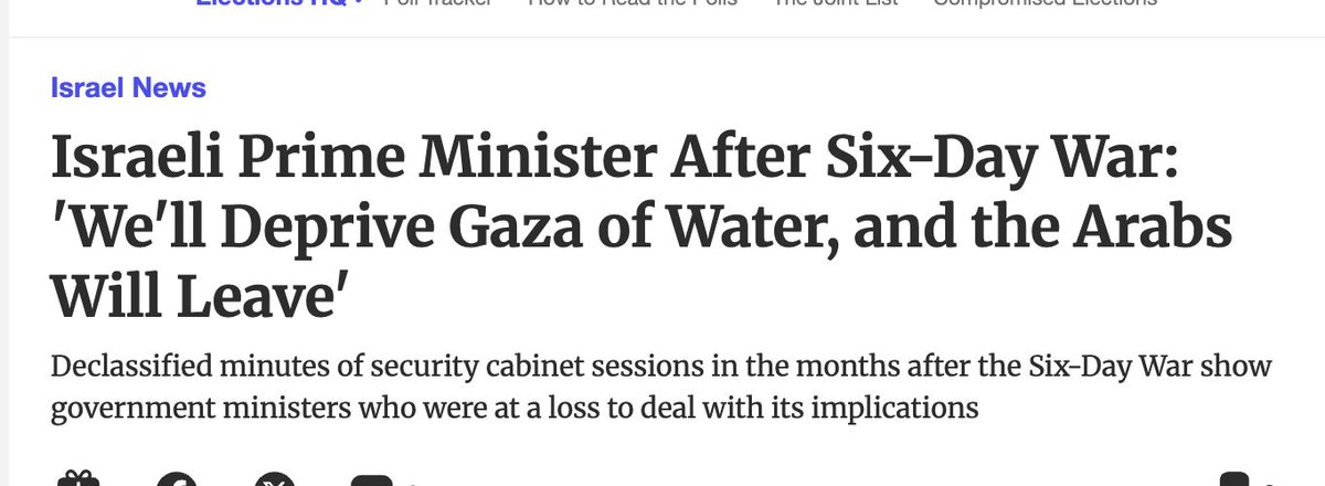 _ZachFoster's tweet photo. "We can starve the Arabs of Haifa and Jaffa" - First Israeli Prime Minister, -David Ben Gurion, December 1947

"We'll deprive Gaza of water, and the Arabs will leave" - Israeli Prime Minister, -Levi Eshkol, 1967

"There will be no electricity, no food, no water, no fuel." -Israeli Defense Minister, -Israeli Defense Minister Yoav Gallant, 2023

Israeli leaders have demonstrated remarkable consistency from 1948 to the present. The solution to the problem that is the Palestinians, their existence in Palestine, is to deny them food and water to force them into exile.

Moshe Feiglin was the most recent Israeli politician to say the solution to the problem that there are Palestinians in Gaza is to deny them water.

It's not enough that they have to walk kilometers a day to fetch jugs of dirty water to bring back to their tents so they don't die of thirst, only diseases. That is too generous. The way to force them out is ensure not a single drop of water enters Gaza. #Zionism https://t.co/xyLHmNreid