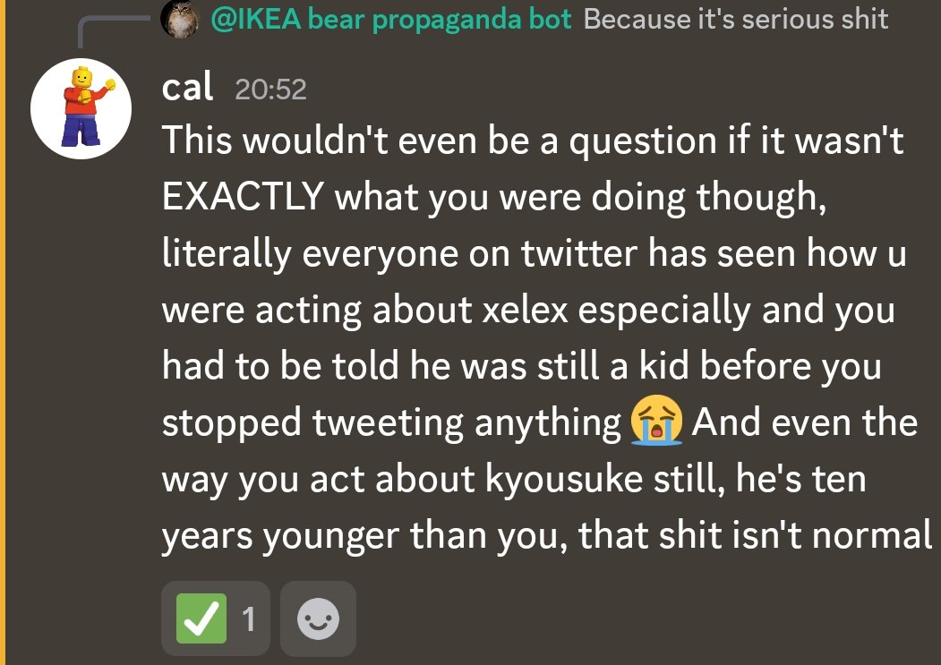FloraBobbyCS's tweet photo. I'm accused for being pedo today. 
Funny enough that I have actually never been into any guy younger than me. Only been into one person in my past 28 years life and he's older than me. 

I got accused because I interacted with someone who has pedo accusations and I made some jokes about "17 years old 11 month" when I didn't even know ppl were accusing him. 
Another reason they accuse me is that I'm 28 years old and I'm a fan of a young player since he 17 and half years old. 
They say I'm "obsessed"/"thirsty" over an player when he was 17. Those exaggerated words are so easy to throw around. 

No, I like him as a CS player. He does look adorable, that's just a plus. 
I did make some jokes about how I like him but every word I have written about him is CHILD FRIENDLY. 

Someone say I'm also obsessed with xelex and I posted about him? Nah I never even follow that player. I don't recall what I posted about him. You confused me with someone else? 

I was known as a shox & kennyS simp on cstwt pre-covid (when I started fan them they were already on the downfall). After they both got inactive I also kinda quit cstwt. I got back to seriously watch cs in 2025 and decided this time I'd fan over someone on the rise. Then I noticed kyousuke at 2025 Cologne. 

And yes the simp part is a Twitter persona just the same as what I did to shox & kennyS. If you have been around cstwt long enough you know what kind of person I am. 

I'm not responsible for proving myself. It is ppl who accused me that needs to give proof.  I didn't need to write this long post but I don't want to be passive or let ppl slander me behind my back.
