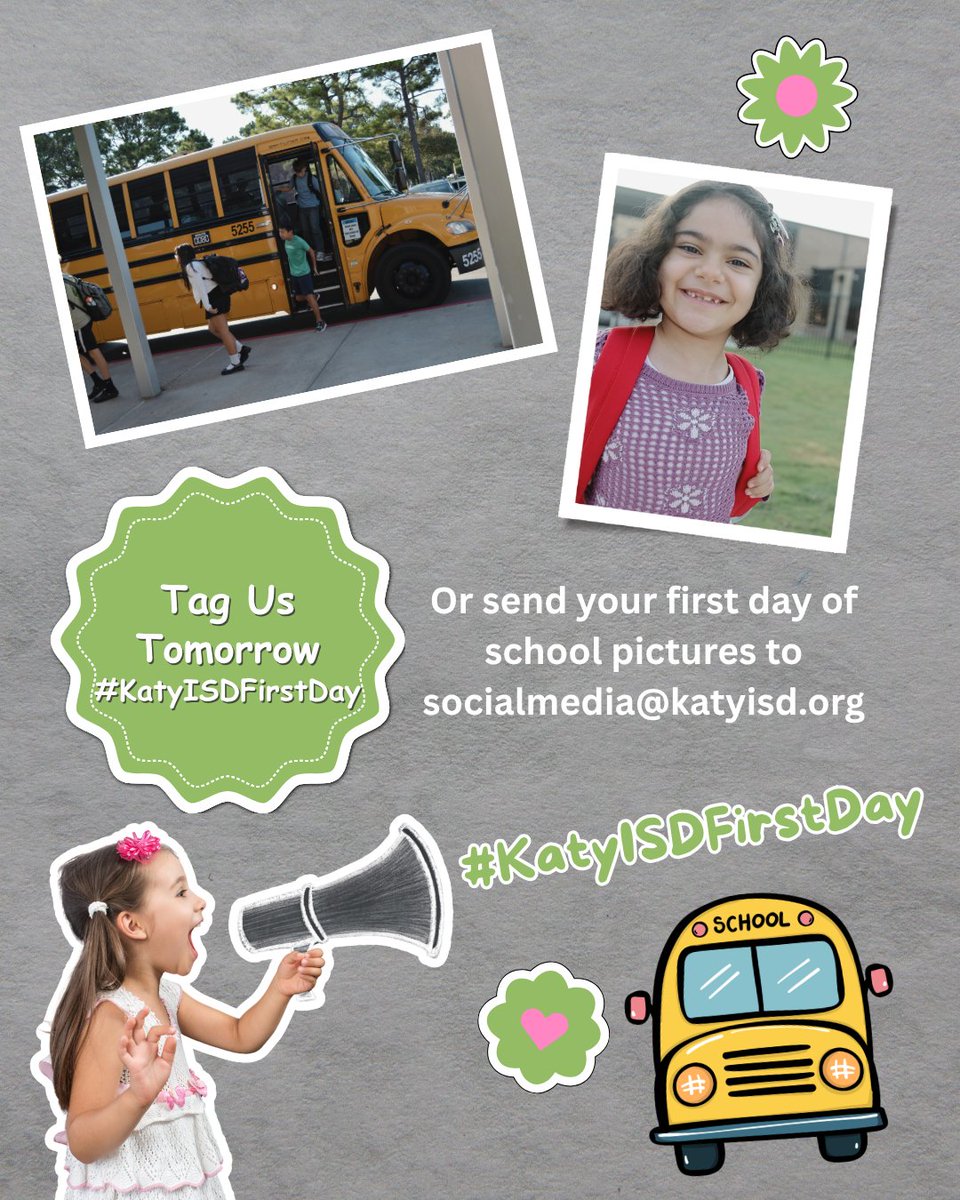 katyisd's tweet photo. Tomorrow is the big day, Katy ISD!

Don’t forget to capture those first-day smiles, reunions and special moments. Share your photos with us using #KatyISDFirstDay or email socialmedia@katyisd.org.

We’ll see you tomorrow, Katy ISD!

#KatyISDFirstDay https://t.co/TX5w4TgAjo