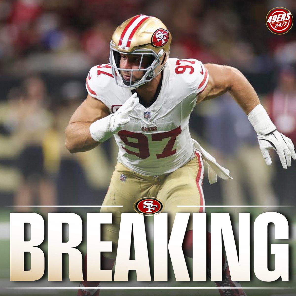 49ers247_'s tweet photo. Nick Bosa is now week-to-week with tendinitis in his surgically repaired knee, per Shanahan. 

Kyle Shanahan emphasized that he is not concerned about the setback. #49ers https://t.co/VM7XjGORwP