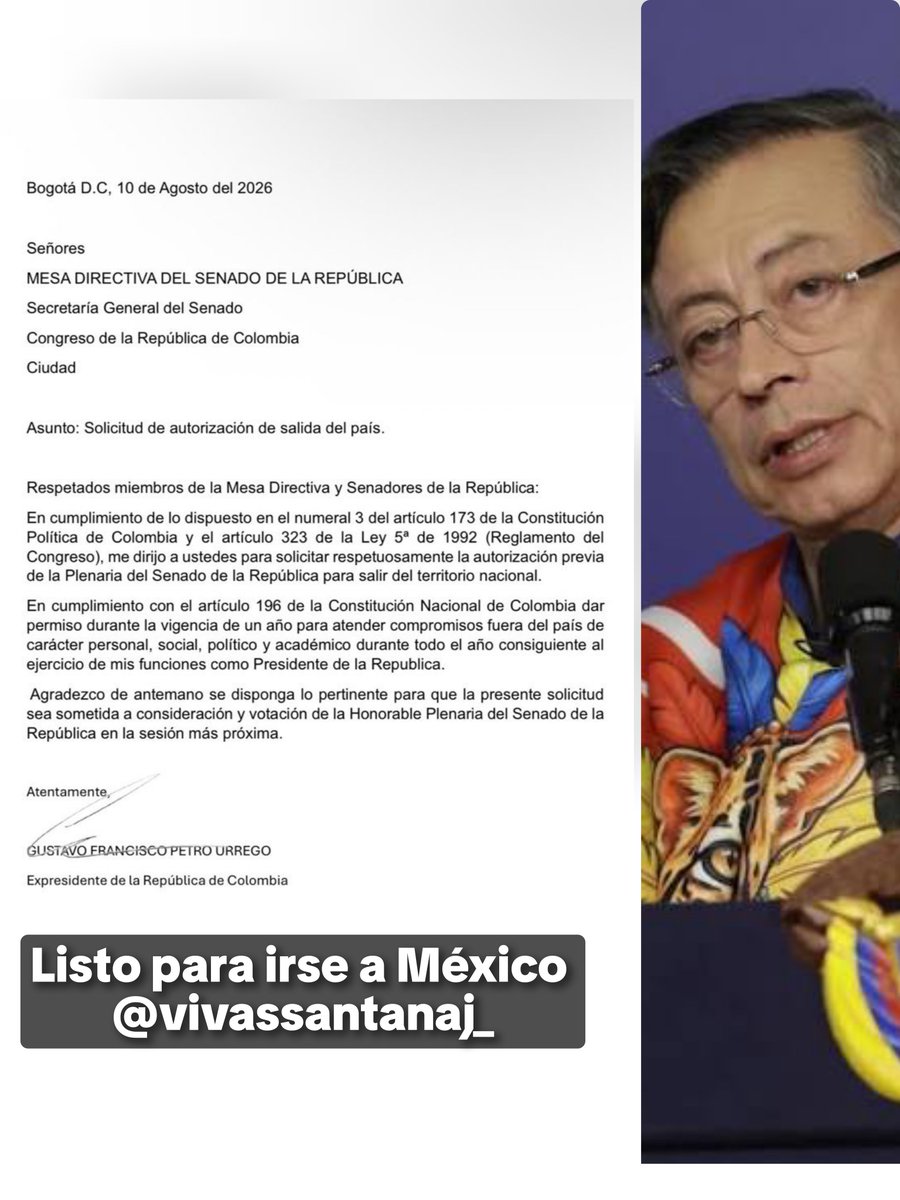 vivassantanaj_'s tweet photo. ¡Abandona Colombia! ¡Listo para irse a México! Gustavo Petro -@petrogustavo- pide al Senado un "año de permiso" para irse al exterior a cumplir compromisos "personales, políticos, sociales y académicos". Es obvio que la corrupción de su gobierno no tolera auditoría alguna y aprovecha hasta la condición del terremoto para huir de Colombia