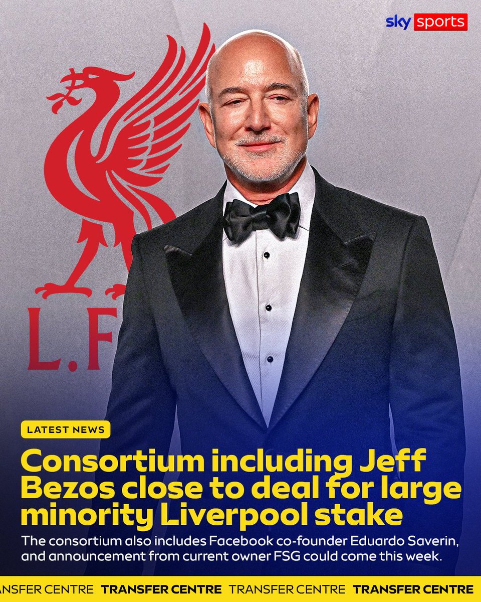 GDLevS's tweet photo. Bezos isn't buying Liverpool - he's the minority partner. Amit Bhatia leads this consortium, Eduardo Saverin's in it too, valuing the club at £4.4bn for about a third of it. FSG keeps control either way. Close to agreeing isn't signed. ⚽ https://t.co/bcTW8vnkQr