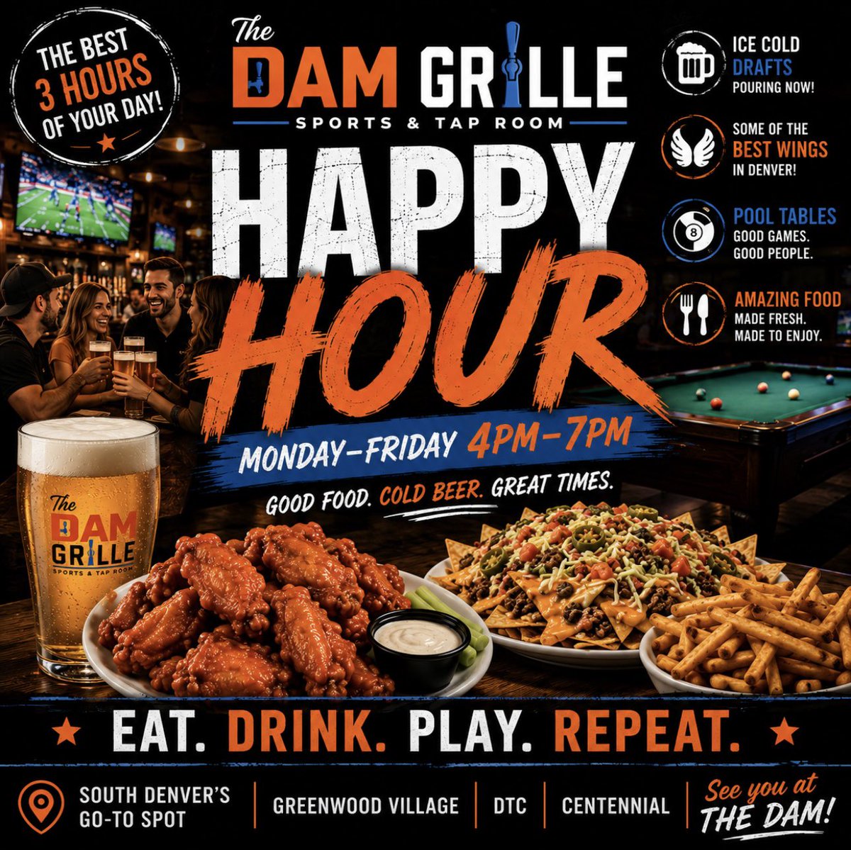 TheDamGrille's tweet photo. 🍻 Tuesday upgraded at The Dam Grille!
Happy Hour 4–7 PM 🍗 Wings, loaded nachos, ice-cold beer & pool. Skip the couch and meet us at The Dam!
#TheDamGrille #HappyHour #SouthDenver #DTC #Wings #ColdBeer https://t.co/CWKYVQwAEk