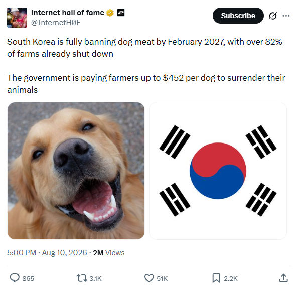 Haoshoku's tweet photo. Everyone celebrates the ban of dog meat asking why it was still legal to begin with, but if all meat was banned they would take up arms.

This is why vegans are smarter and better than you hypocrites. https://t.co/SmZhZVi81J