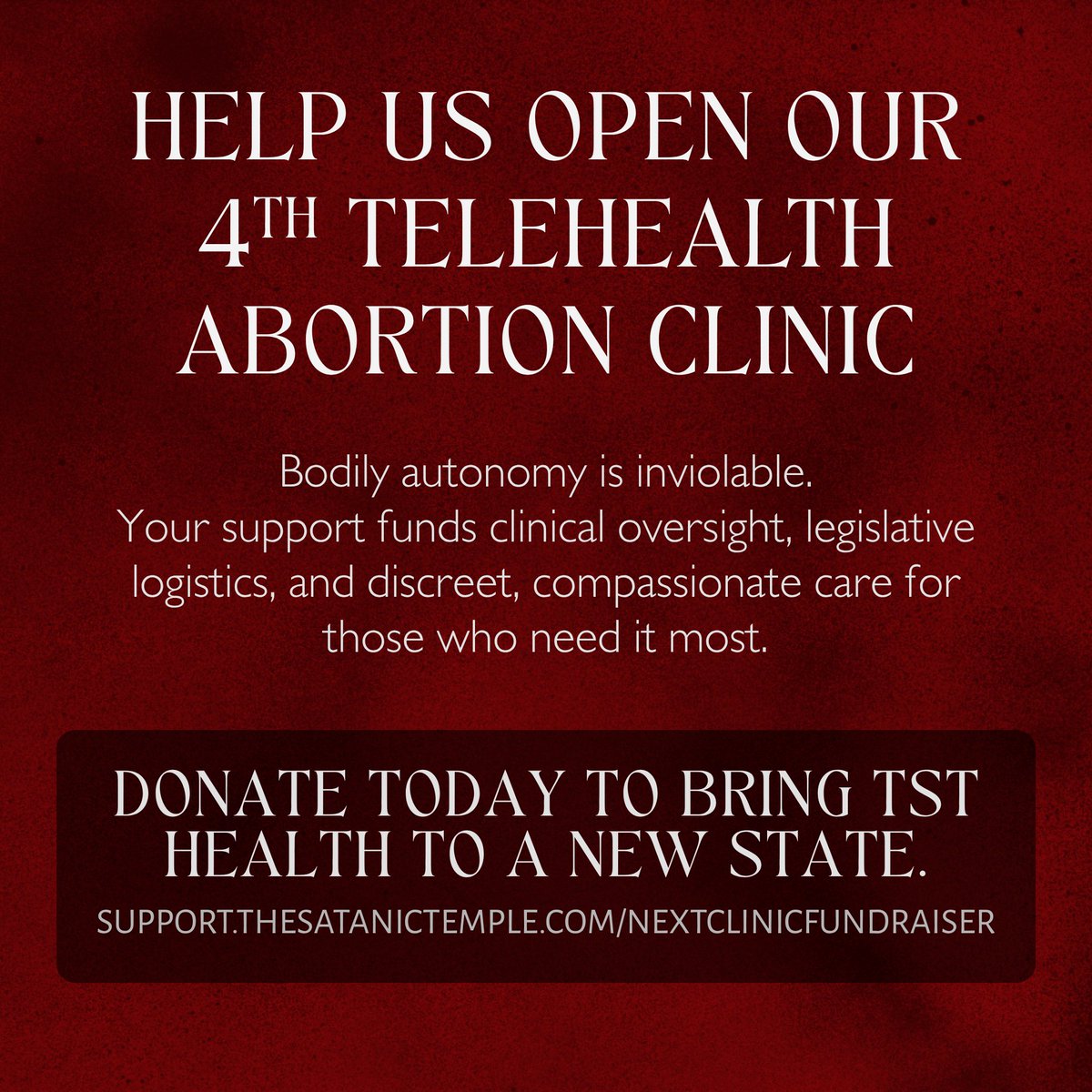 satanic_temple_'s tweet photo. 🚨TST Health’s patients need us. Will you help? Many of our patients can’t afford food, housing or bills. 100% rate our professionals a 5/5. But we need you! Donate to open our 4th telehealth abortion clinic! Link in comments. #BodilyAutonomyIsInviolable #TSTHealth #AbortionCare https://t.co/2XB9JRfMQW