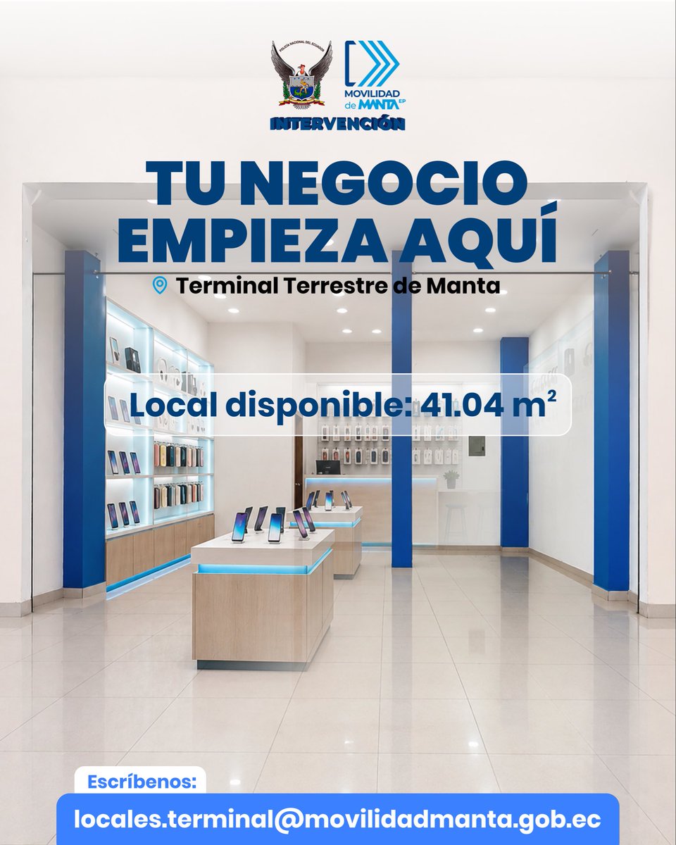 TerminaldeManta's tweet photo. 🚀 ¡Tu negocio puede comenzar en la Terminal Terrestre de Manta!

Tenemos locales comerciales disponibles de 41,04 m², 42,24 m² y 43,18 m², ideales para tiendas, servicios, oficinas y nuevos emprendimientos.

📍 Ubicación estratégica
👥 Entorno de constante circulación
🏪 Espacios versátiles para hacer crecer tu idea

Convierte esta oportunidad en el próximo destino de tu negocio.

📩 Solicita información en:
locales.terminal@movilidadmanta.gob.ec

#LocalesDisponibles #TerminalTerrestreDeManta #Manta
