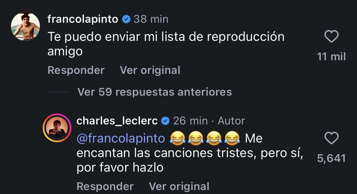 TinoCLeclerc's tweet photo. Leclerc usó la misma canción que Colapinto en su última publicación y le dijo esto jajfkskdjsks 😭😭 https://t.co/p2o3LbcLjH