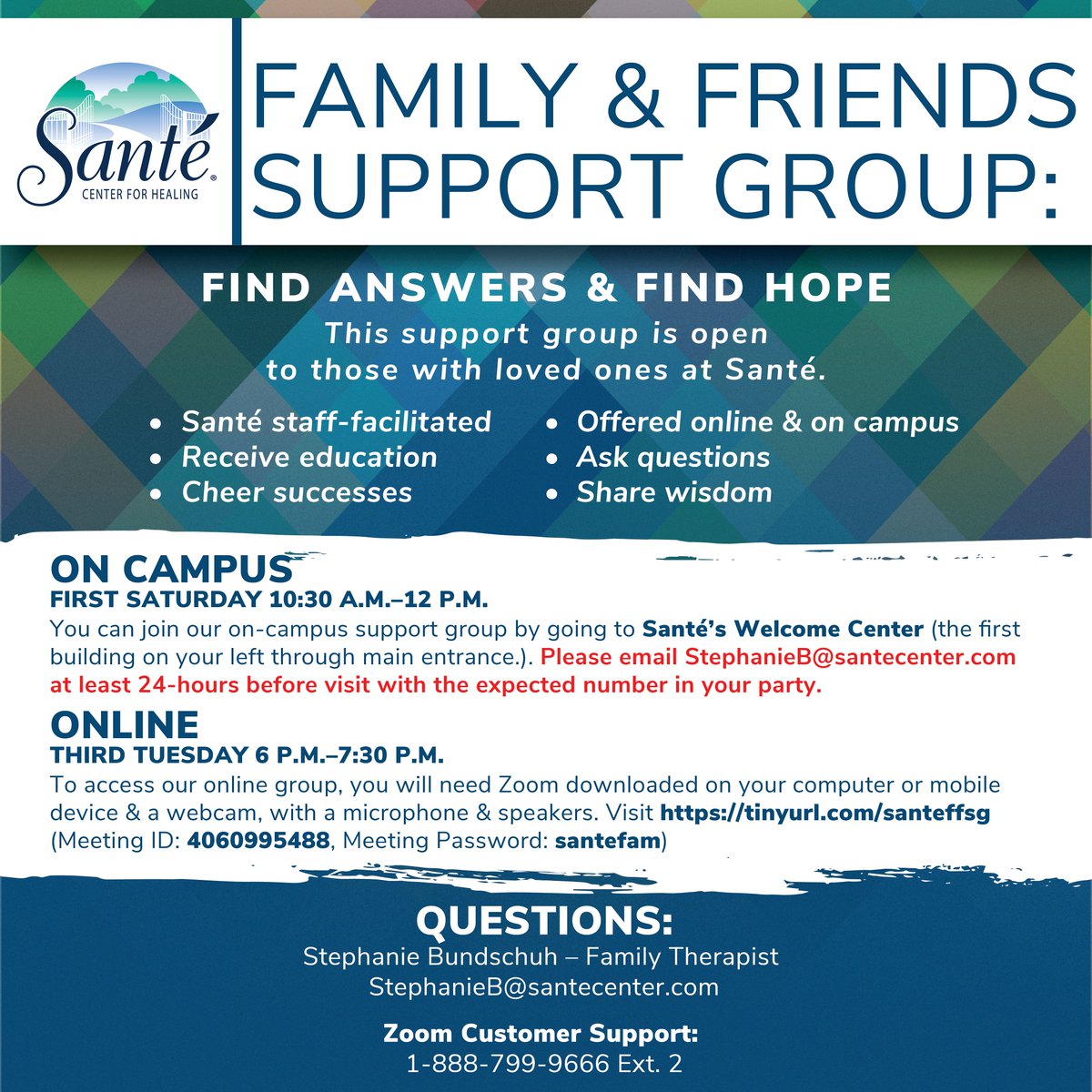 SanteCenter's tweet photo. Join us ONLNE next Tues, AUG 18, 6PM for a chance to explore your addiction-related inquiries. The Family & Friends Support Group (FFSG) is open to those with loved ones at Santé. Our team is here to help. #CommunityCare #ffsg #familysupport #supportgroup #santecenter https://t.co/bbAGx8obHE