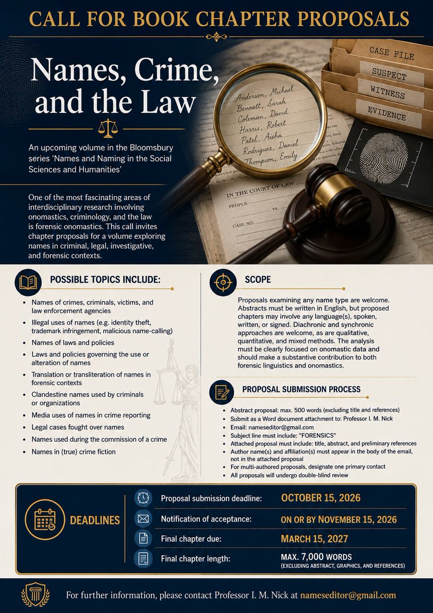 eug1979's tweet photo. e-Onomastics: #Call for #Book #Chapters: #Names, #Crime, and the #Law https://t.co/ktyxFQ42OK volume will appear in Bloomsbury’s book series Names and #Naming in the Social #Sciences and #Humanities and will focus on what may broadly be described as #forensic #onomastics https://t.co/mvFZ1n9h3I