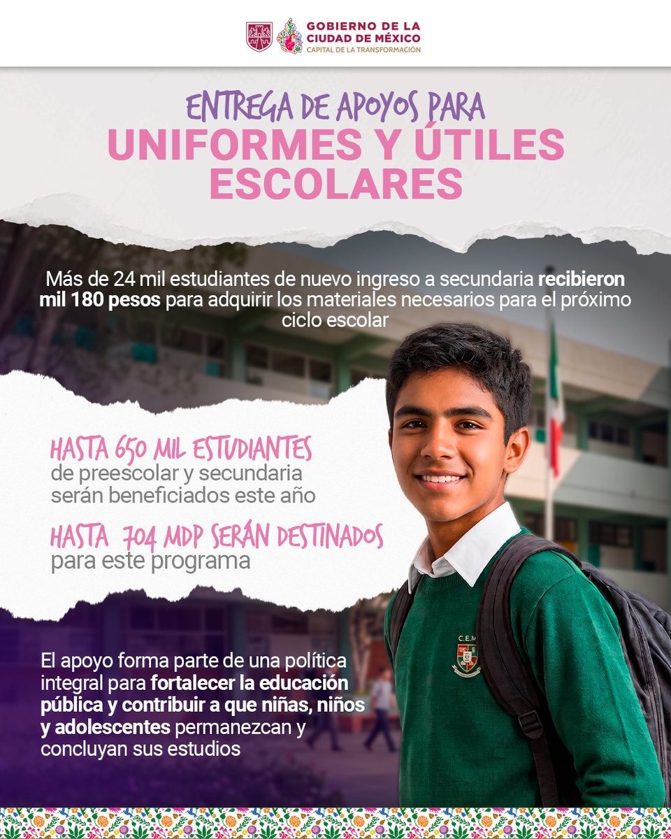 GobCDMX's tweet photo. ✨🎒 Más de 24 mil estudiantes de nuevo ingreso a secundaria recibieron Mil 180 pesos para adquirir uniformes y útiles escolares de cara al próximo ciclo escolar. 🙌🎉 https://t.co/CDscf5iopJ