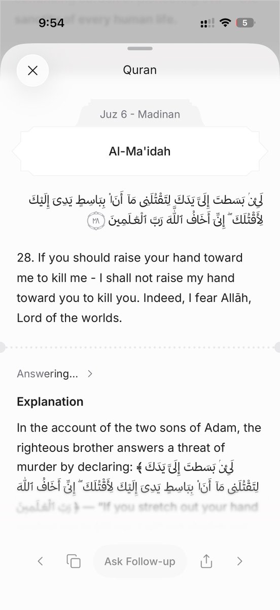 Abdella6if's tweet photo. Published a new version of the Qaf mobile app. A few changes:

1) You can now click on any person, quran, or hadith in the ai response to get more information. https://t.co/eATcnQJAtR