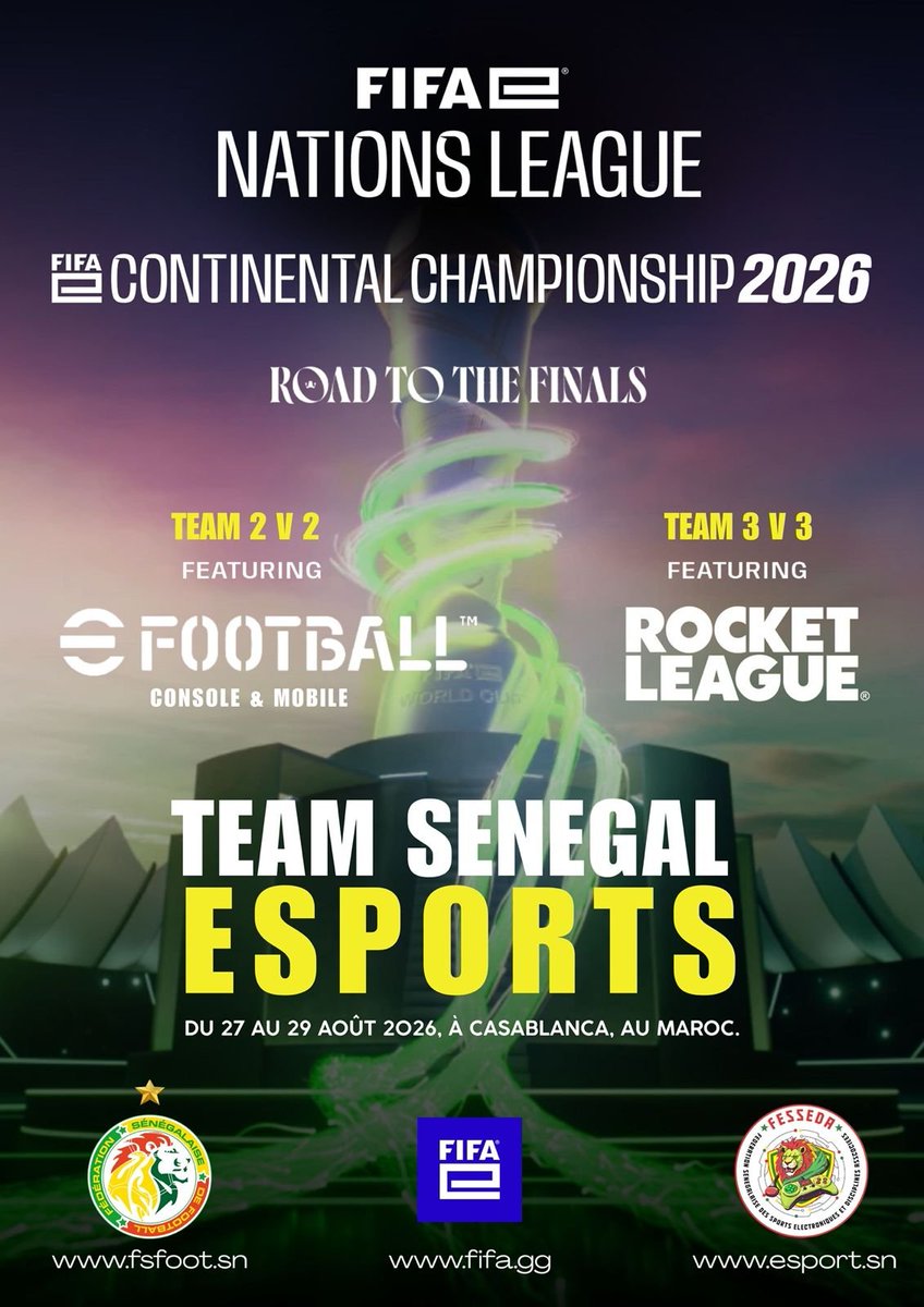 FESSEDA_Esports's tweet photo. 🇸🇳🤝 @Fsfofficielle × FESSEDA - Fédération Sénégalaise des Sports Électroniques et Disciplines Associées | @FIFAe => FIFAe Nations League 2026

Le Sénégal unit ses forces sur l’Esport (Sport Electronique) pour conquérir l’Afrique ! 🌍🔥

Après leurs qualifications régionales, les eLions de l’Esport représenteront le Sénégal à Casablanca - Maroc, du 26 au 29 août 2026, sur 3 disciplines Esport :

- 📱 eFootball (Mobile) 2v2
- 🎮 eFootball (PC) 2v2
- 🚗⚽ Rocket League (PC) 3v3

🎯 Objectif : décrocher leur billet pour les phases finales mondiales et faire rayonner l’excellence de l’Esport sénégalais.

3 équipes. 3 disciplines. 1 nation. 🇸🇳🦁

#TeamSenegal #FIFAe2026 #FESSEDA #FSF #EsportSenegal