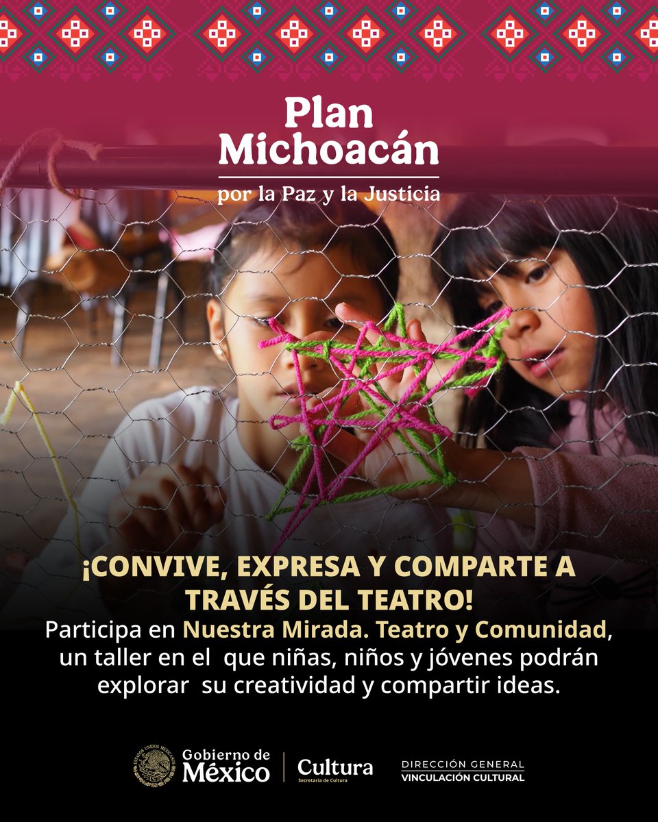 planmichoacan25's tweet photo. 🎭🎨 Nuestra Mirada. Teatro y Comunidad invita a niñas, niños y jóvenes a crear y convivir a través del arte. 🤝
📅 12 de agosto | 10:00 h
📍 #Tzintzuntzan
🎟️EntradaLibre
#PlanMichoacán #NuestraMirada #TeatroYComunidad #Michoacán
@cultura_mx @SCultura_Mich @VinculaCultura https://t.co/aNxEX11LSd