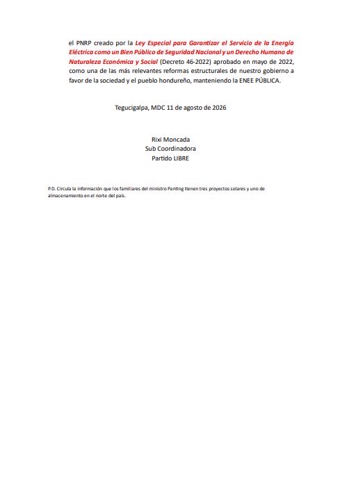 riximga's tweet photo. 💥Ante la propuesta Liberal en contubernio con los nacionalistas, para privatizar la ENEE; maquillada como “Ley de Justicia Energética”, y castigar al pueblo con altísimas tarifas que también asfixian a miles de empresas, fijamos nuestra posición desde @PartidoLibre. 

¡LA ENEE ES PÚBLICA Y NO SE VENDE. SE DEFIENDE!💥