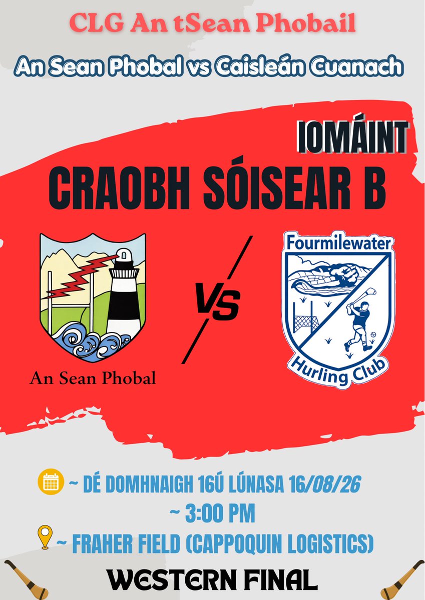 AnSeanPhobalCLG's tweet photo. Meadowfresh Foods Iomána Sóisearach B Final 🏑 

🥎 An Sean Phobal -v- Caisleán Cuanach 
🗓️ Dé Domhnaigh 16ú Lúnasa
📍 Cappoquin Logistics Fraher Field
⏰ 3:00 i.n.

Cluiche Ceannais an iarthar an Domhnach seo i gcoinne Caisleán Cuanach.

Shocks abú! 🔴⚪️🔴⚪️ https://t.co/D6dtpH79Ow