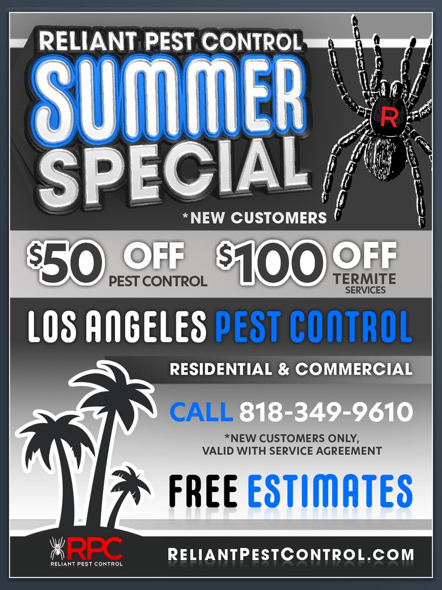 MyReliantPC's tweet photo. Save $$$ this summer with Reliant Pest Control,
$50 off pest control or $100 off rodent exclusion &amp; Termite services in Los Angeles fSoCal for new customers at @MyReliantPC 

Go to https://t.co/5nyiJnAkP4 to schedule your appointment #LosAngeles #PestControl https://t.co/NzyDJRlIfu