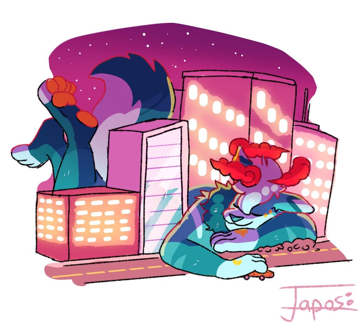 shyght's tweet photo. Grew huge, stepped through every block in town, and now I'm completely done for the day 🩵🐾✨

🎨 Art by my friend: japos 

#sizedifference #macrofurry #microfurry #paws #furry https://t.co/yFLtl8IIQr
