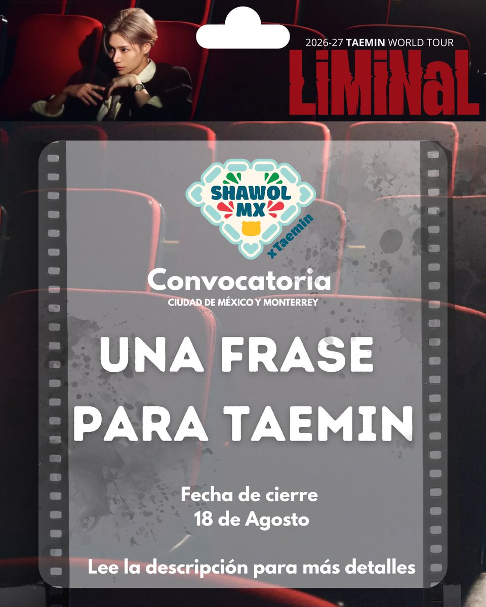 shawol_mx's tweet photo. 📢 [CONVOCATORIA] ¡SHAWOLS/TAEMATE de CDMX y Monterrey! 💎🇲🇽

✍️ Propón la frase que TaeMin verá en nuestro banner. 🩵

🗓️ Cierre: 18 AGO | 22:00 h
📍 CDMX &amp; MTY
🔗 https://t.co/EagwrLmp7Z

¡Hagamos esta visita inolvidable! 💎

#TaeminEnMexico #TAEMIN #ShawolMXTAEMIN #LiMiNal https://t.co/OcRrx2TexO