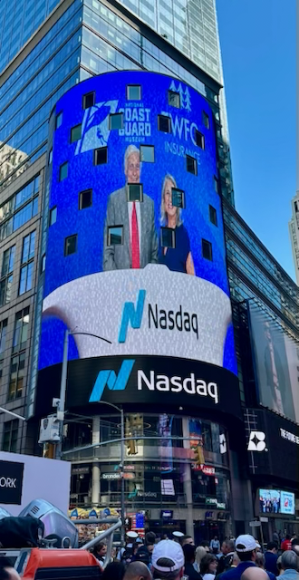 americanpandi's tweet photo. Joe Hughes, #americanpandi board member, joined the @USCG as it observed its 236th anniversary by displaying a fast patrol boat on Times Square in NYC, ringing the @NASDAQ closing bell &amp; announcing the August 2027 opening date of the National Coast Guard Museum in New London, CT. https://t.co/hTez2eg2xD