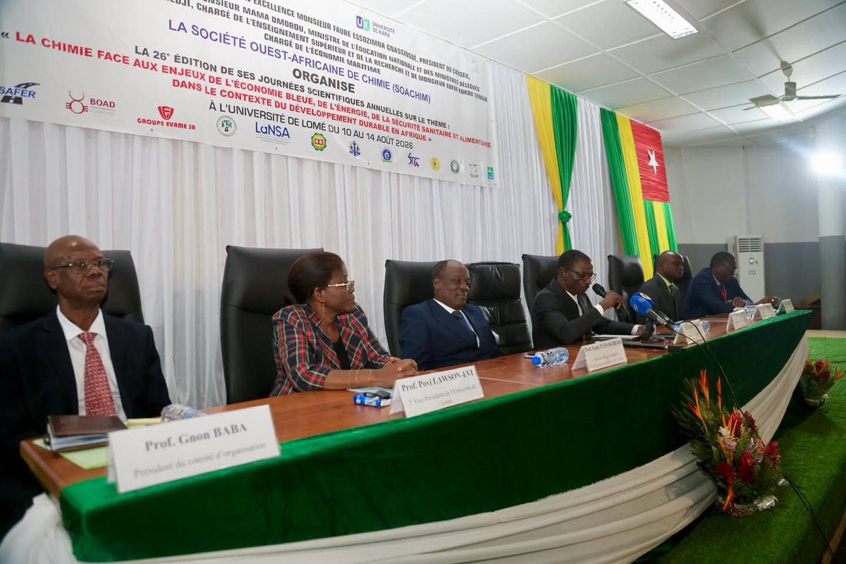 firmin_tchakou's tweet photo. Du 11 au 14 août 2026, l'@Universite_Lome accueille plus de 500 scientifiques venus de toute l'Afrique de l'Ouest pour les 26èmes Journées Scientifiques Annuelles de la Société Ouest Africaine de Chimie à l'Amphithéâtre Ampah Johnson. 
#Togo #TgTwittos #Education #SOACHIM https://t.co/bKeY7TsHSq