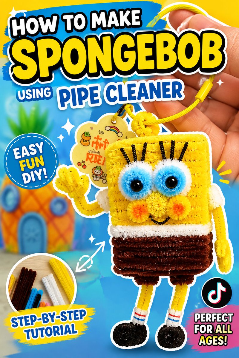 Yourstyle2025's tweet photo. How to make SpongeBob using only pipe cleaners!
Super easy, fun DIY that anyone can try
Perfect for all ages
Would you try this cute little SpongeBob keychain?
#SpongeBob #PipeCleanerCraft #DIY #EasyDIY #KidsCrafts #Handmade #CraftTutorial #SpongeBobSquarePants #FunCrafts https://t.co/FXWLHzesiw