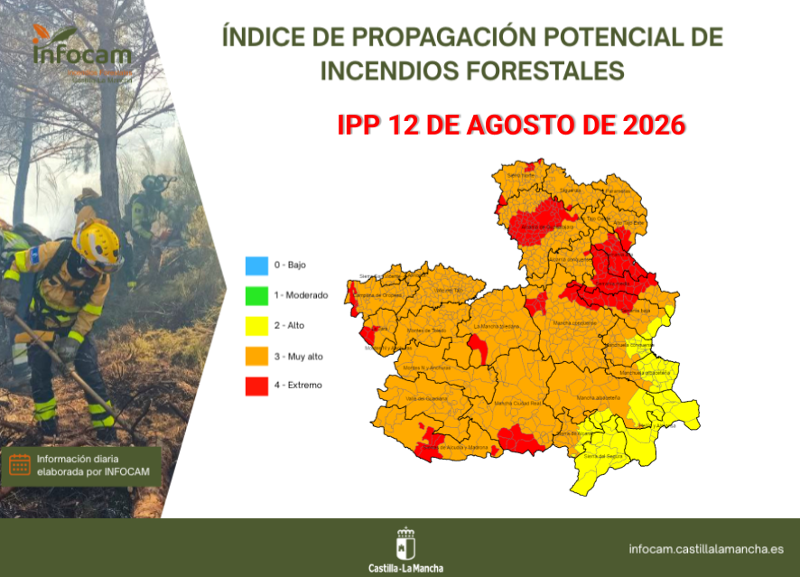 Plan_INFOCAM's tweet photo. El #IPP de #IIFF 🔥🔥 para 12 de agosto en #CLM:
🟥EXTREMO en zonas de #CiudadReal, #Cuenca, #Guadalajara y #Toledo
🟧MUY ALTO en la mayor parte de la región
🟨ALTO en amplias zonas de #Albacete y puntos de #Cuenca
ℹ️ https://t.co/wu8y7OWjam
🌳Ante los #IIFF #LaPrevenciónSalva https://t.co/5Rfrow1l0Z