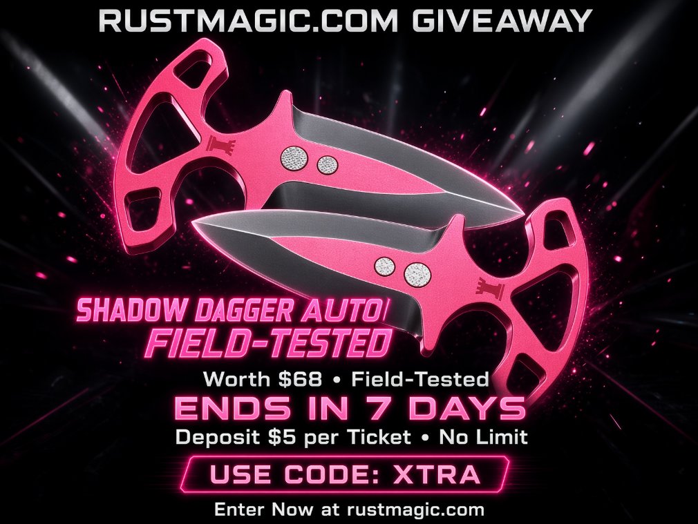 Destructum's tweet photo. 🪄78$ RustMagic Contest🪄

🏆68$ Shadow dagger autotronic FT for a random🎟️
🎁10$ Bonus for a retweet-tag friends 

✅Depo 5$ per ticket-No Limit Code XTRA
(Dm proof with username-site id)
https://t.co/jfRcHVN108

🚨Combine with this 300 coins LB
https://t.co/REBC947mUE

⏰7Days https://t.co/rFiYKxRrXL