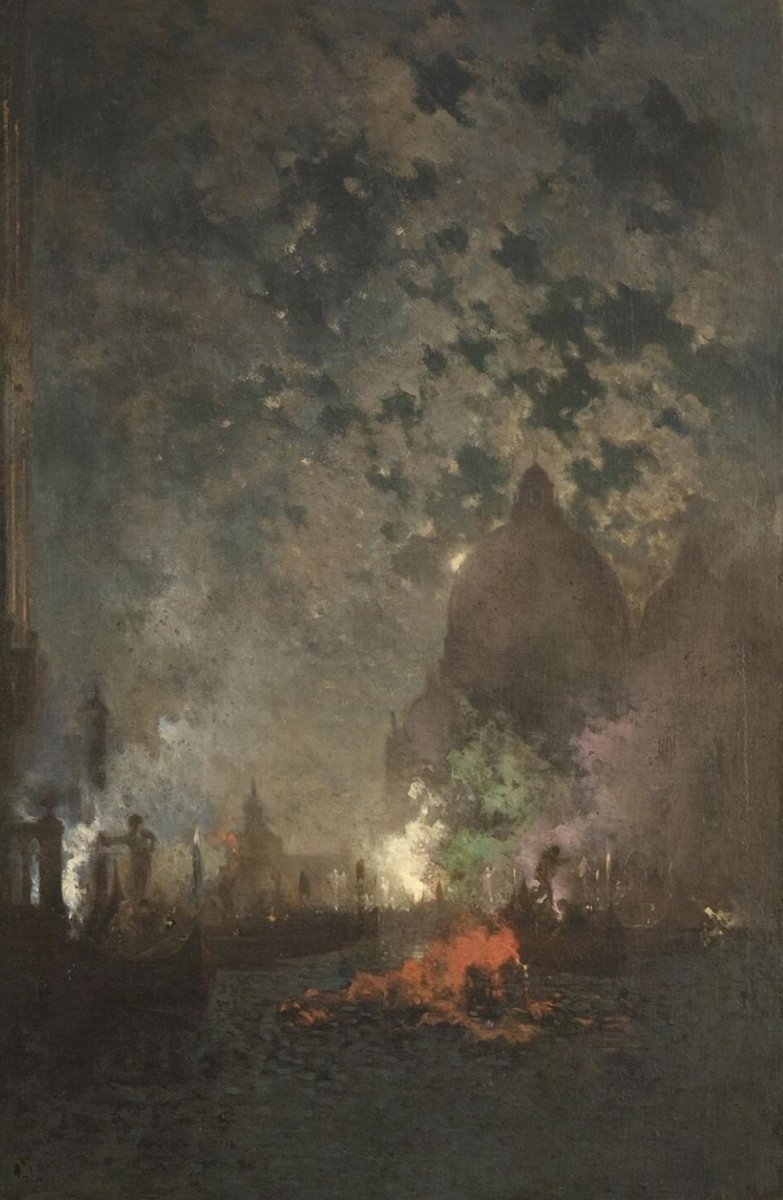 ahistoryinart's tweet photo. Whistler visited Venice in 1879 after losing all his money with his famous libel suit against John Ruskin. This scene (using pastels) is superbly arranged: smoke from coloured flares adds to the drama of night-time view of the Grand Canal and the Santa Maria della Salute. https://t.co/6lVj1r9uhg