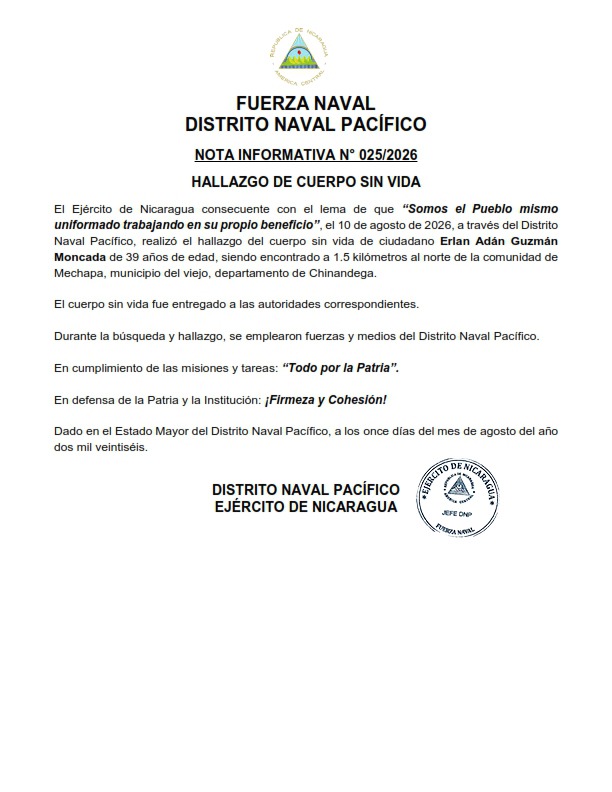 EjercitoNic's tweet photo. #NOTAINFORMATIVA | A través del #DistritoNavalPacífico, se realizó el hallazgo de un cuerpo sin vida de ciudadano, siendo encontrado a 1.5 kilómetros al norte de la comunidad de Mechapa, municipio del viejo, #Chinandega. #TodoPorLaPatria https://t.co/PmnuEQccg3