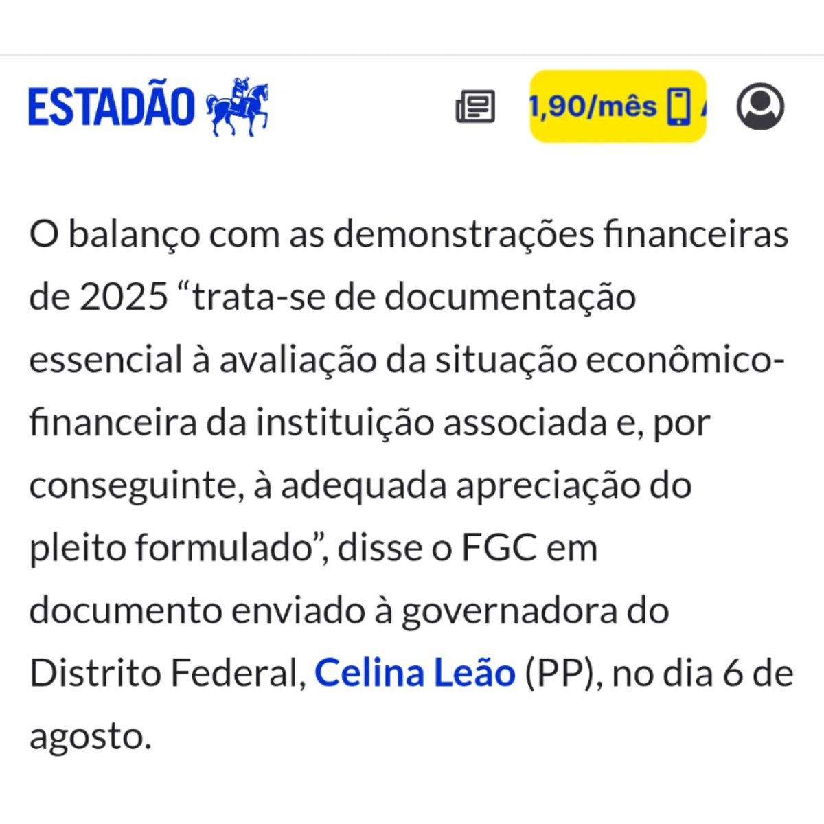 fabiofelixdf's tweet photo. 🚨 O Estadão revela que, quando Celina Leão disse que não podia publicar o balanço do BRB antes de conseguir o empréstimo, o FGC já havia enviado um documento à governadora dizendo justamente o contrário: a publicação do balanço é necessária para avaliar a possibilidade do empréstimo. Por que a governadora insiste na falta de transparência?