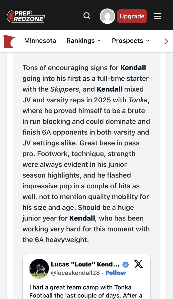 lucaskendall28's tweet photo. Thank you @OJW_Scouting @PrepRedzoneMN for the write up. I truly appreciate it. @TonkaFB @RecruitTonkaFB @Lewis_Kidd90 @LOScrimmage https://t.co/t3VbNgP7r4