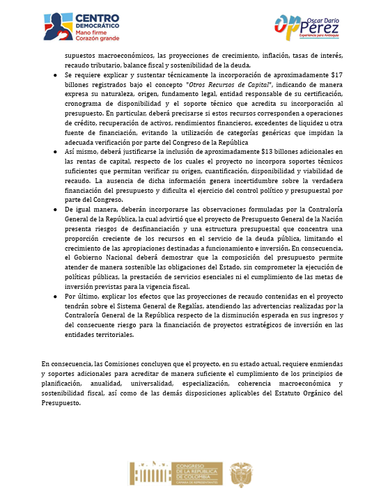 BluRadioCo's tweet photo. #EnDesarrollo Esta es la proposición presentada por la bancada del Centro Democrático, que será discutida hoy en las comisiones económicas conjuntas, para pedir que se devuelva el proyecto de Presupuesto General de la Nación para el año 2027, presentado por el anterior gobierno de Gustavo Petro. Este hecho solo ha ocurrido en dos ocasiones, durante los gobiernos de Ernesto Samper (1995) y Álvaro Uribe Vélez (2003). #VocesySonidos