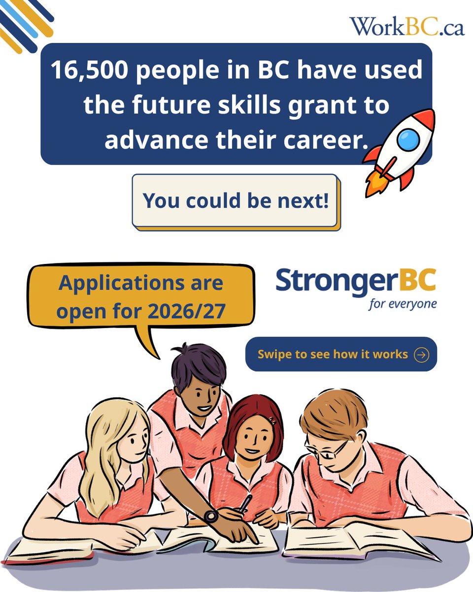 WorkBC's tweet photo. StrongerBC future skills grant applications are now open for 2026/27. 🎓 16,500 people in BC have already accessed this grant to change or advance their career. You could be next! ✨

Learn how to apply:

https://t.co/lcwFotLay7

#WorkBC #StrongerBC #FutureSkillsGrant https://t.co/Z6dbifLDBs